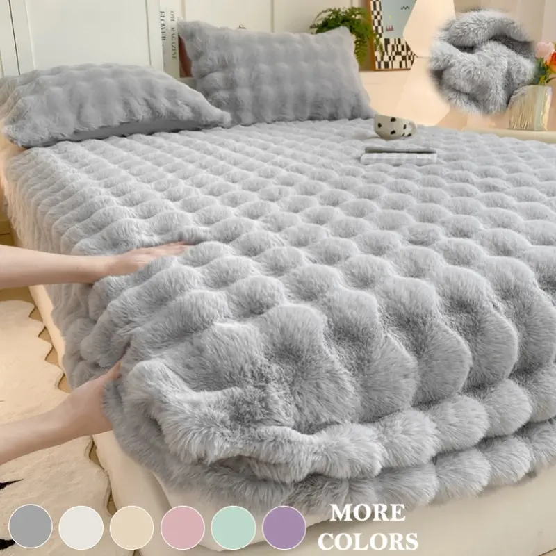 Faux Rabbit Fur Bubble Texture Fitted Sheet, Mattress Cover & Mattress Protector Set, Soft Plush Warm Milk Velvet Bedding, 2/3-Piece Set with 1 Fitted Sheet and 1 or 2 Matching Pillowcases, Machine Washable for Bedroom, Guest Room and Dorm