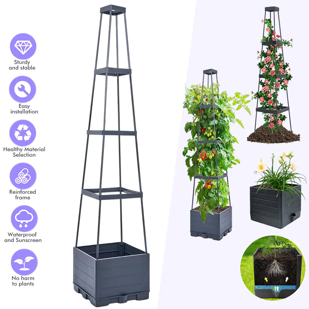 Self-Watering Polypropylene Raised Garden Bed Planter Box with 4-Corner Tower Trellis Cages, Detachable Parts, Minimal Maintenance Vertical Design, Outdoor Planter Boxes, Climbing Plant Stand for Vines, Vegetables (Maximizes Vertical Space)