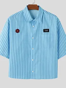 Men's Stand Collar V-Neck Shirt, Loose-Fit Drop Shoulder Seven-Eighths Bell Sleeve, European and American Style Casual Top