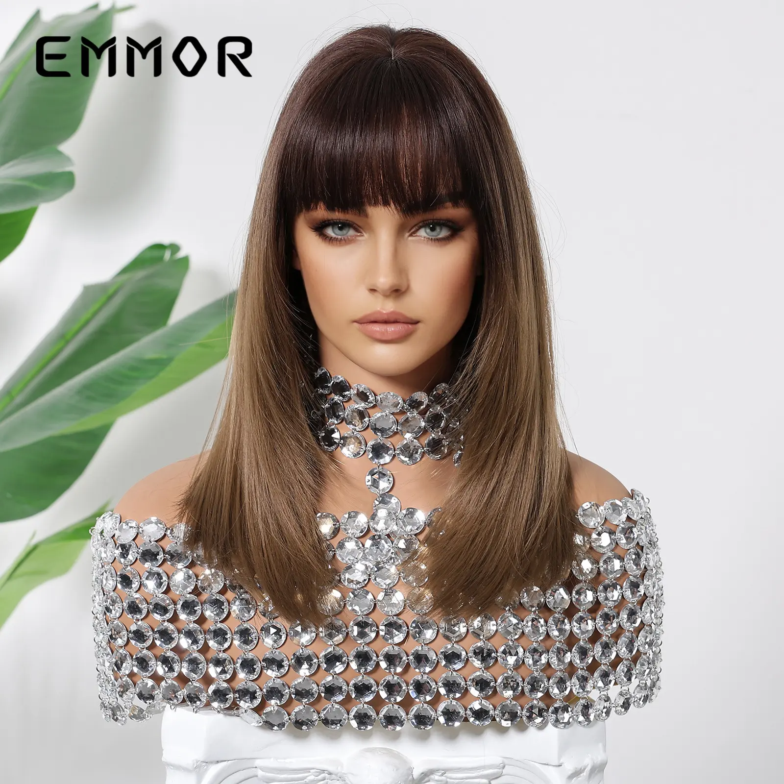 Natural Bob Synthetic Full Machine Wig - Short Straight Collarbone-Length Brown Bangs, Round Face-Friendly, Youthful Full Head Fashion Hair Accessory, Natural Bob Synthetic Full Machine Wigs