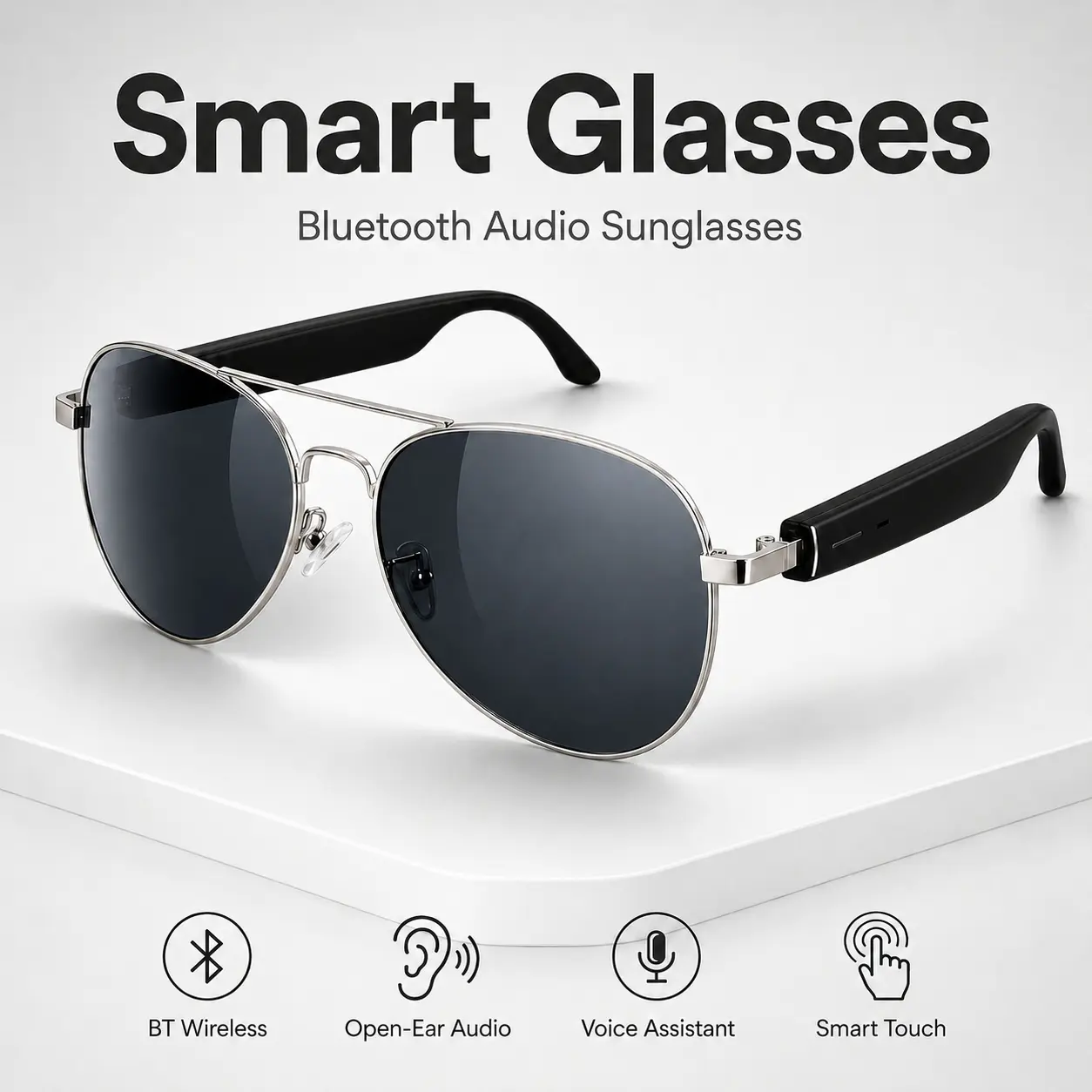 Smart Glasses, Stylish Aviator Bluetooth Sunglasses with Open-Ear Sound, Hands-Free Calls, Smart Touch Control and UV400 Protection