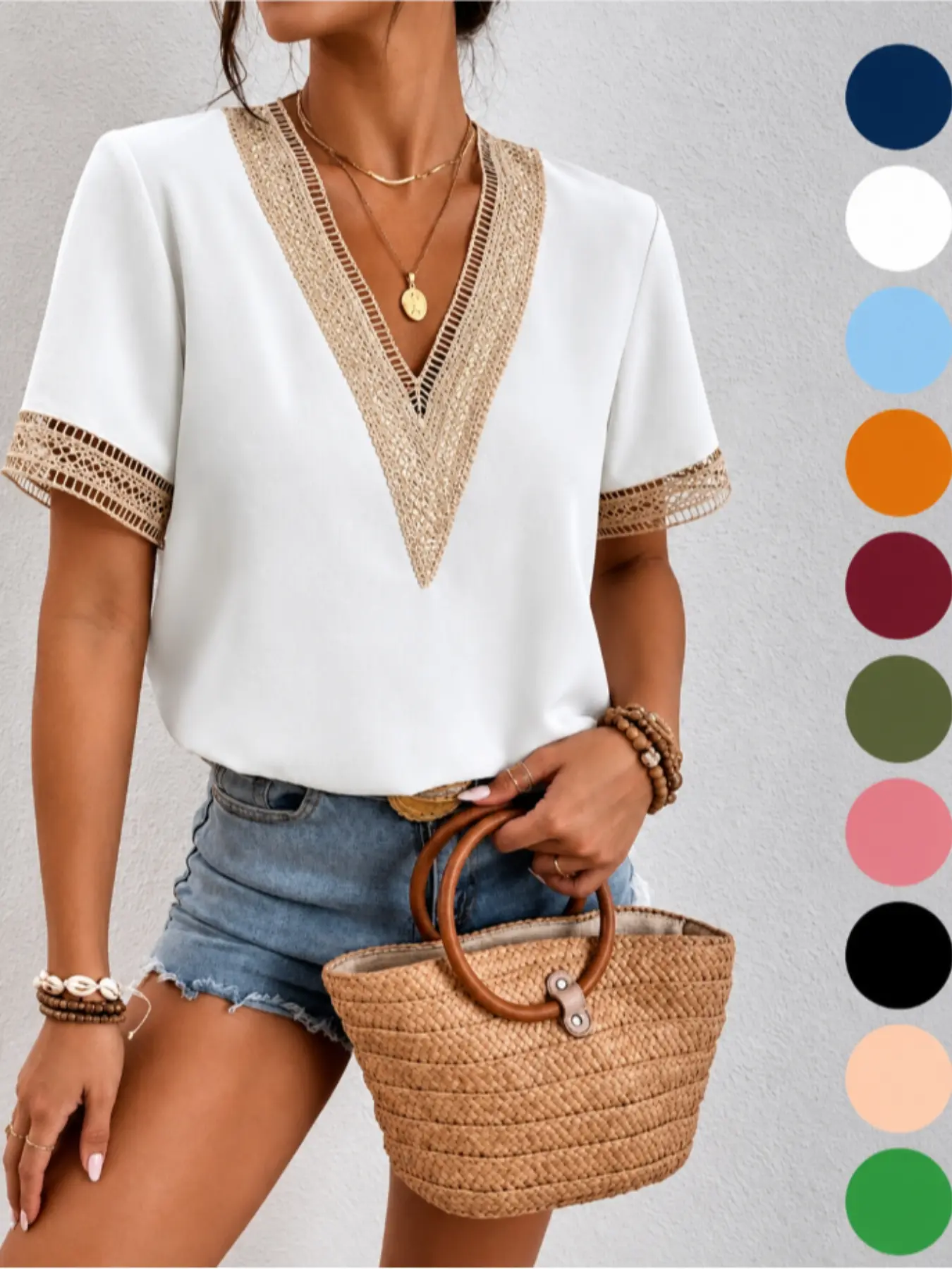 Boho Crochet Trim V-Neck Blouse – Relaxed Short Sleeve Vacation Top
