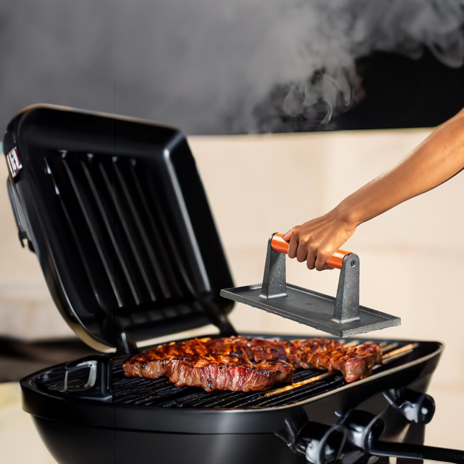 Cast Iron Bacon Press for Griddle - Heavy Duty Smash Burger Press, Grill Press with Ergonomic Wooden Handle, Meat Press for Flat Top Grill, Ideal for Burgers, Bacon, and Steaks 2 pcs Kitchen Utensils Cooking Steel