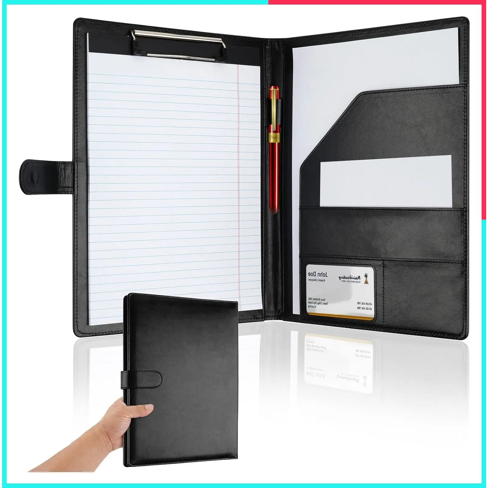 Professional Faux Leather Padfolio with Clipboard, A4/Letter Size Portfolio Folder Binder, Legal Pad Holder, Resume & Notebook Cover Organizer for Business Office Conference