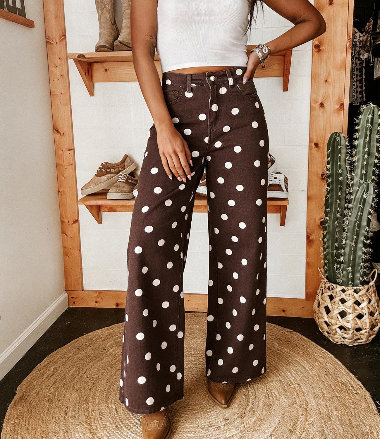 Women's Casual High-Waisted Stretch Polka Dot Wide Leg High Waisted Retro Style Jeans