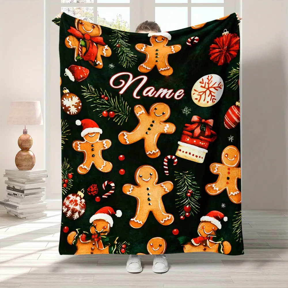 Personalized Gingerbread Christmas Flannel Fleece Blanket, Cute Gingerbread Man Holiday Throw Blanket, Candy Cane Christmas Blanket for Bed Sofa Couch, Cozy Xmas Gift for Family