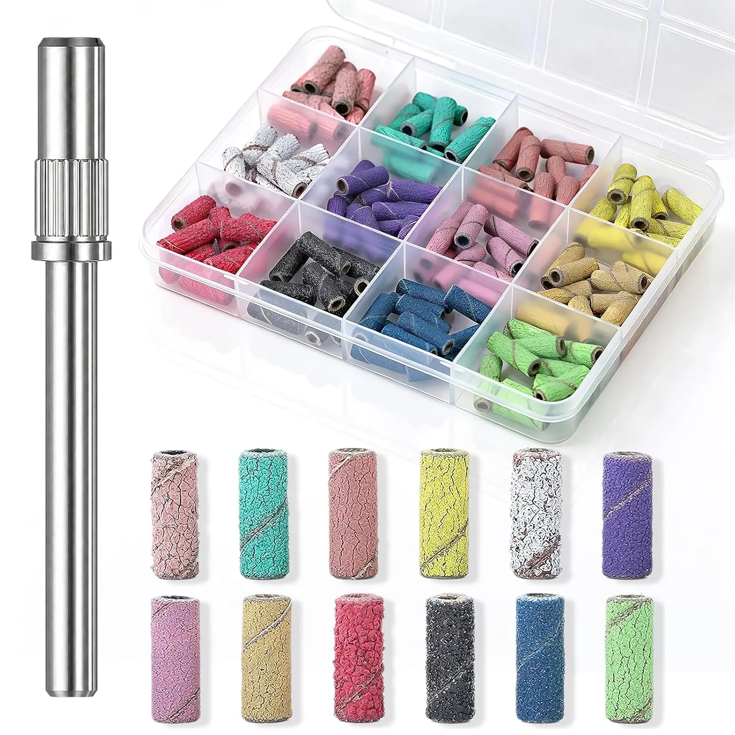 120 count  Drill Sanding Bands with 3.1mm Mandrel Bits, 80/120/180/240 Grit 12 Color  File Bands Set for Electric  Drill Bits,  Nails Gel Manicure Pedicure Salon DIY