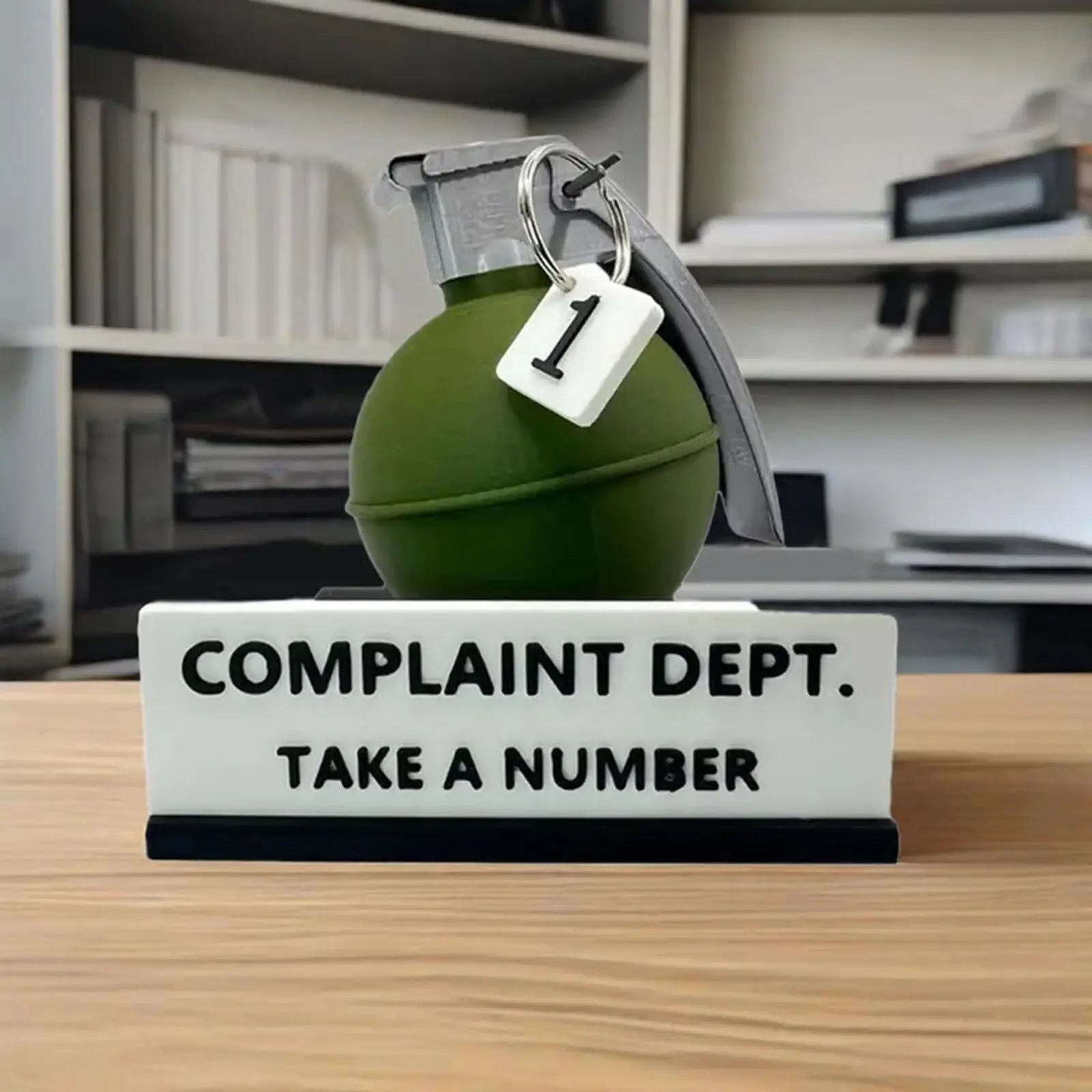 Grenade "Complaints Department" Desk Sign - 3D Printed Office Humor Decor with "Take a Number", Perfect Prank Gift for Colleagues, Bosses & Holidays
