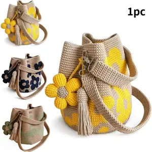 Handmade Crochet Flower Tote Bag, Women'S Knitted Floral Handbag, Bag With Cute Flower Tassel Decoration