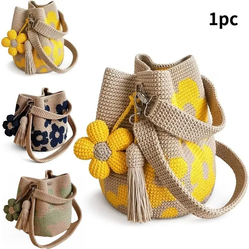 Handmade Crochet Flower Tote Bag, Women'S Knitted Floral Handbag, Bag With Cute Flower Tassel Decoration, Hand Crocheted Bag