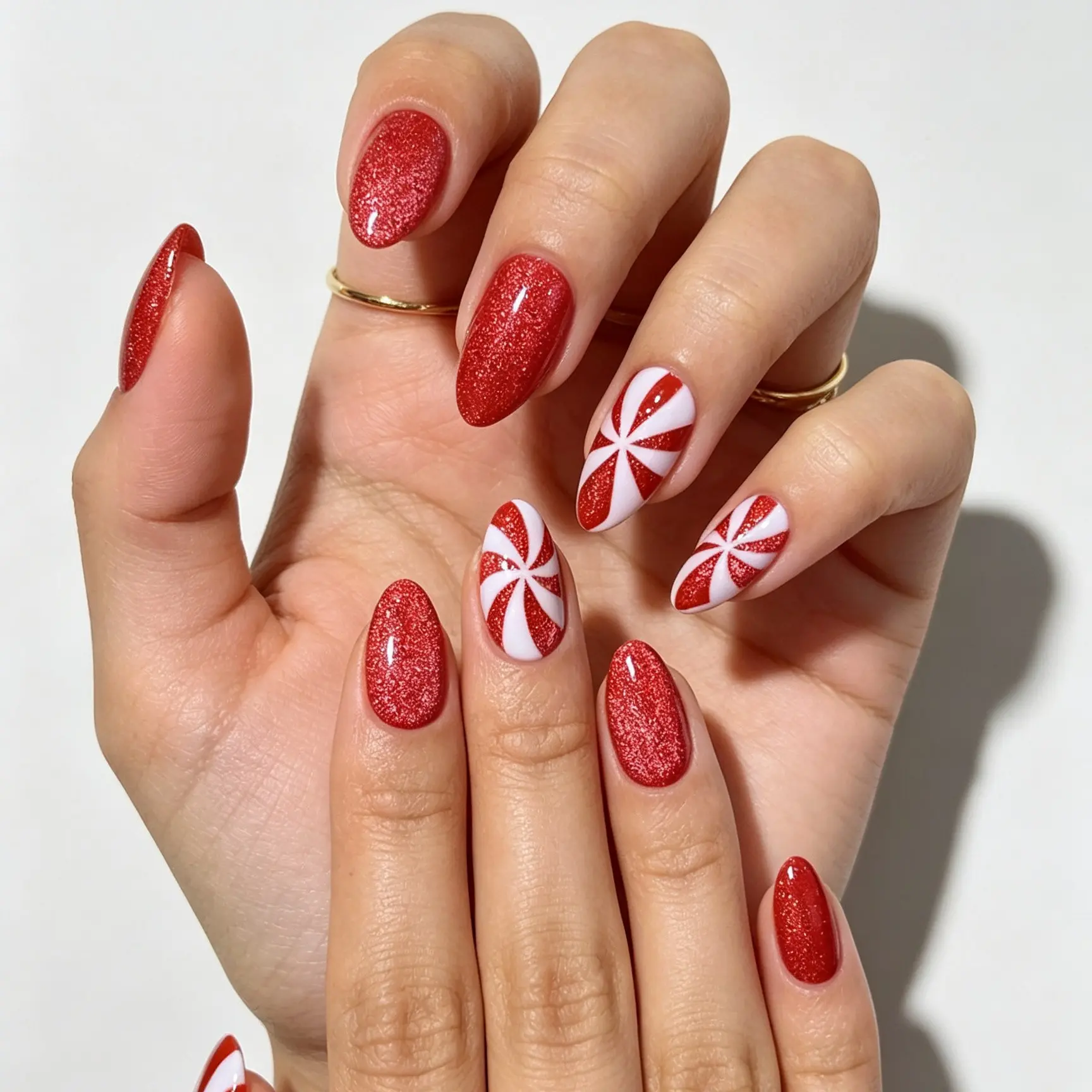 Christmas Red and White Candy Cane Press On Nails, Glitter Red Base with Hand-Painted Peppermint Swirl, Minimalist Festive Short Almond Removable False Nails with Jelly Glue and Nail File