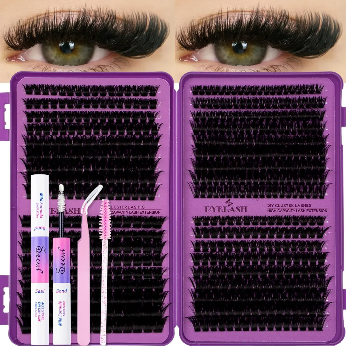 Volume Eyelash Clusters Kit, Diy Volume Eyelashes, Eyelash Extensions, 50D/60D, Cluster Lashes Thin Band, Soft & Lightweight, Individual Lash Clusters, DIY Eyelash Clusters, D Curl, Includes Bond&Seal, Tweezers, Brush, Long-Lasting Salon Charm