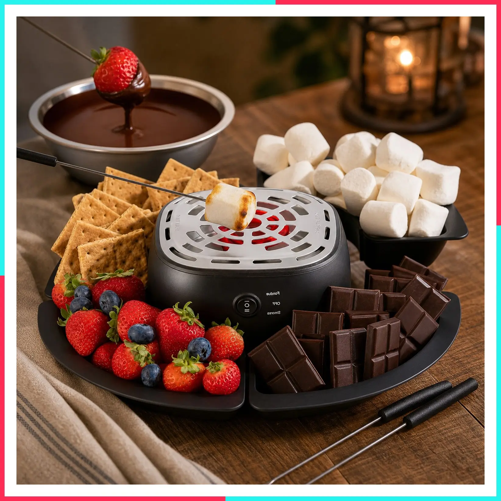 2-in-1 Electric Fondue Set & S'mores Maker Tabletop Indoor Kit with Removable Trays & 4 Skewers – S'mores Station Chocolate Melting Pot – Perfect Couple Gift for Date & Movie Nights