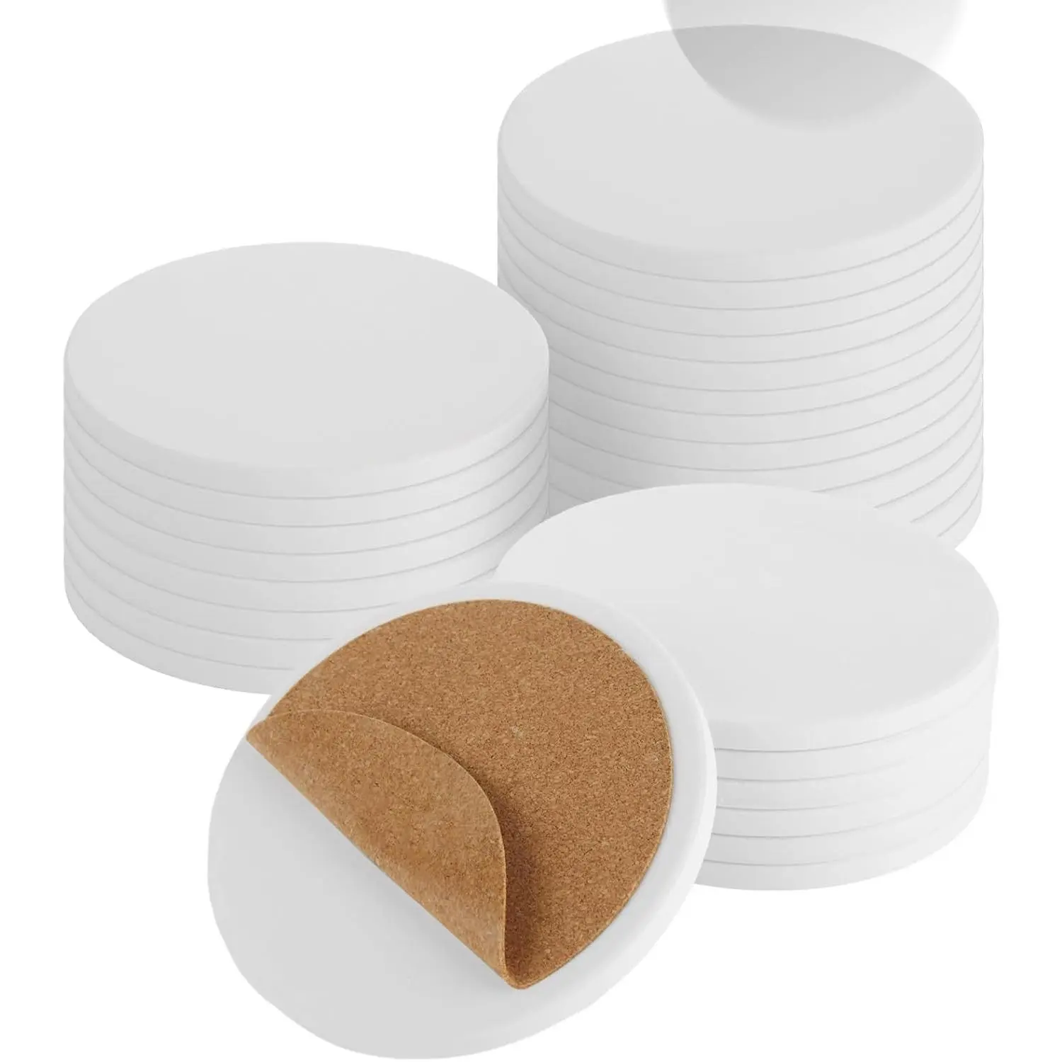 24 Pack 4 Inch Round Glossy Glazed Ceramic Blank Sublimation Coasters with Cork Backing for DIY, Wedding, Arts Crafts