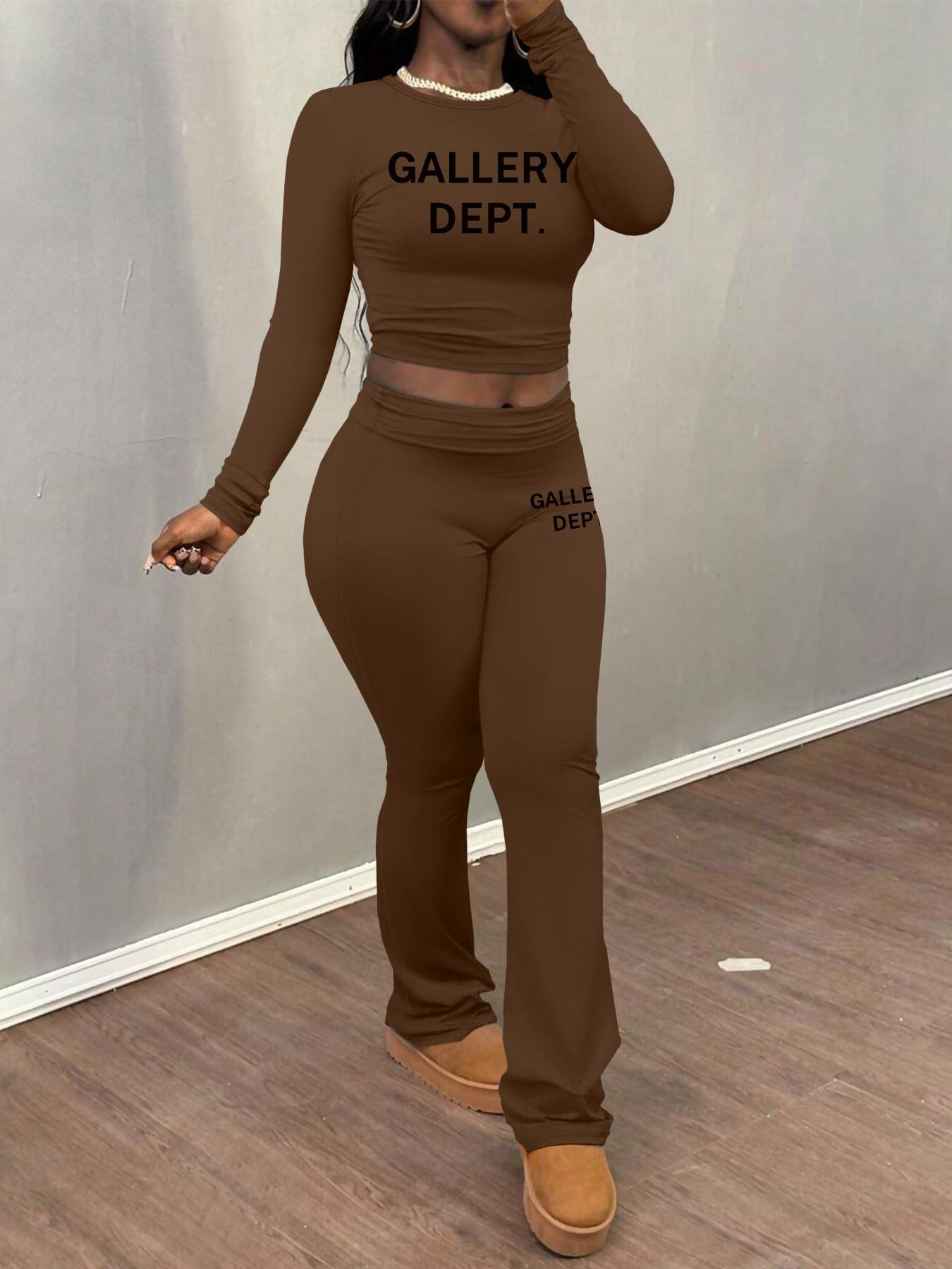 Women's Letter Print Fitted Crop Tee & Plain Flare Leg Pants Two-piece Set, Casual Fashion Round Neck Long Sleeve Top & Bell Bottom Trousers for Daily Outdoor Wear, Women's Clothing for Fall & Winter