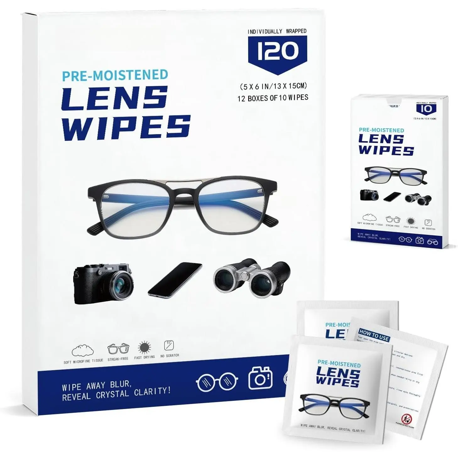 120 Count Lens Wipes for Eyeglasses, Eye Glasses Cleaner Wipes for Screens | Pre-Moistened Individually Wrapped, Streak-Free Scratch-Free, Travel, Eyeglass Cleaning Wipes for Sunglasses, Camera Lens