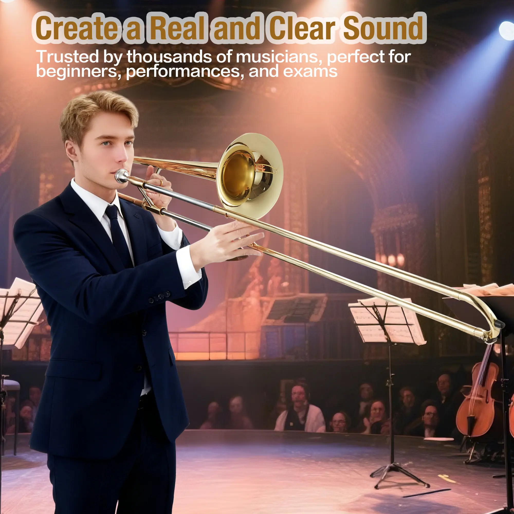 B Flat Alto Trombone - Nickel Plated Finish, Brass Trombone with Mouthpiece, Case, Cleaning Cloth, Gloves and Cleaning Rod, Professional Musical Instruments for Beginners Students