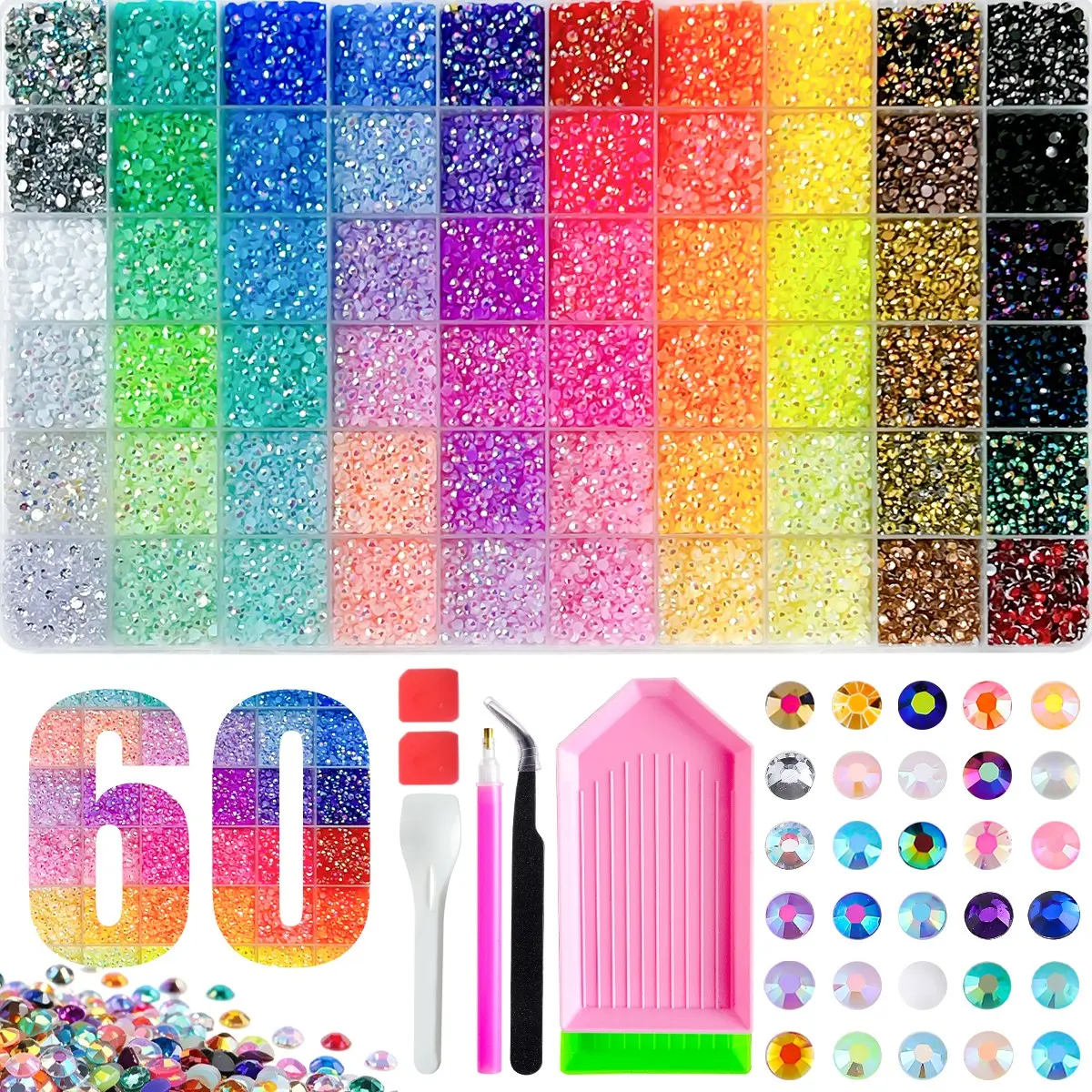 Rainbow Color Rhinestone Set, 60 Pieces, Multi-Color, DIY Nail Art Kit, Includes Glue, Tray, Pliers,Nail Art Rhinestones / Flatback Crystals / Multi-Color / Pickup Tool， Perfect Gift for Women