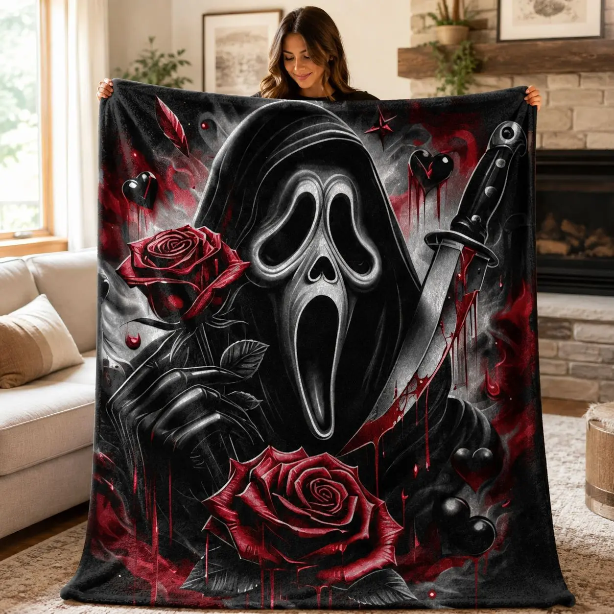 1pc Scream Ghost Face Themed Fleece Blanket, Dark Rose & Bloody Knife Print, Gothic Horror Style. Soft Multi-use Graphic Throw Blanket for Sofa, Bed, Office, Camping, Ideal for Halloween Gifts.