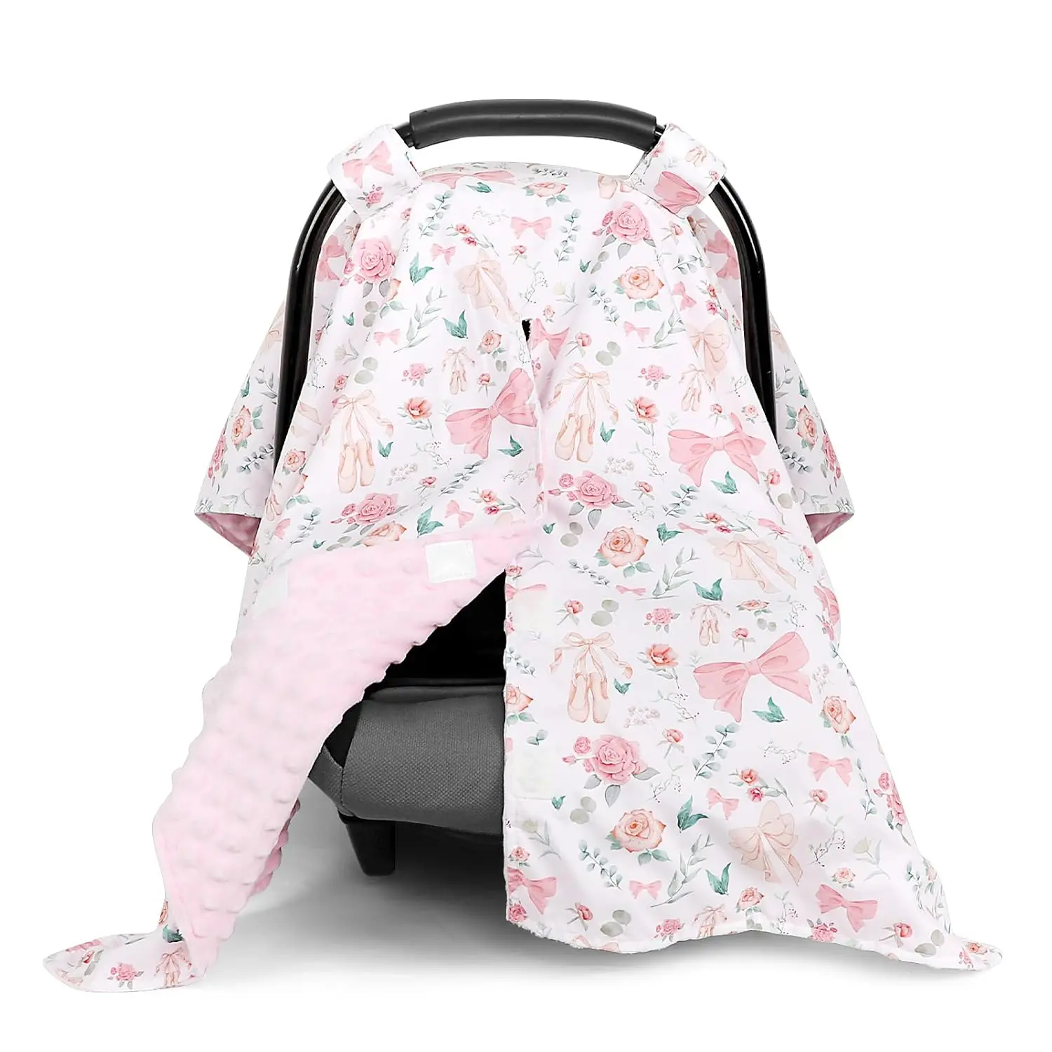 Baby Car Seat Cover, Soft Minky Warm Winter Car Seat Canopy  Infants & Toddlers, Opening with Adjustable Strap, Breathable Nursing Cover & Stroller Blanket, Pink Flowers (s Most Car Seats) New model
