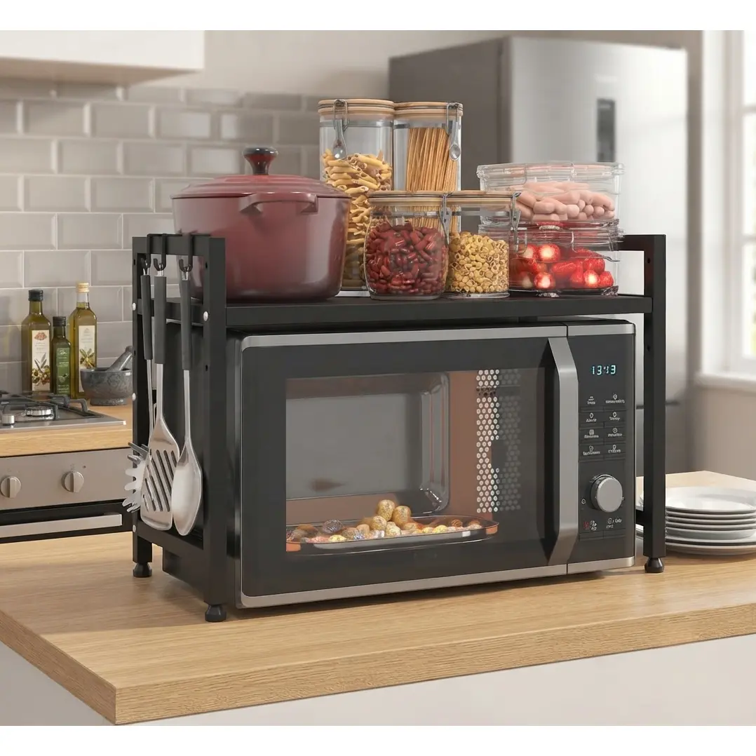 HUOMAQFAN Carbon Steel Microwave Rack - 2-Tier Expandable Countertop Organizer with Adjustable Height, Anti-Slip Pads, 6 Hanging Hooks, Tool-Free Setup for Indoor Kitchen Storage, Customizable Space-Saving Solution to Boost Storage Space