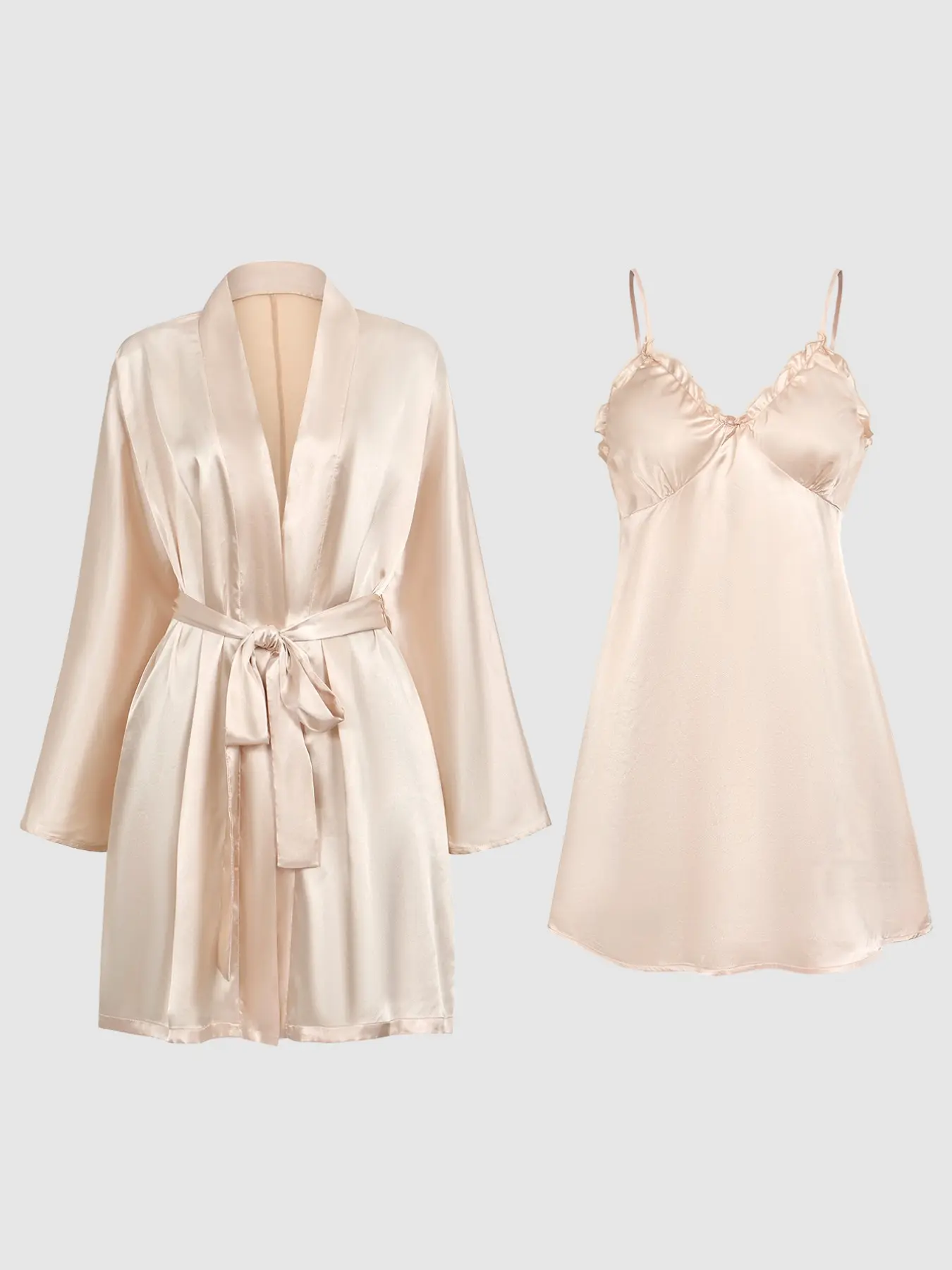 2 Piece Champagne Satin Sleepwear Set, Ruffle Trim Slip Dress & Long Sleeves Belted Robe, Elegant Chic Feminine Loose-Fitting Pajama Set, Fashion Sleepwear, for All Seasons Loungewear