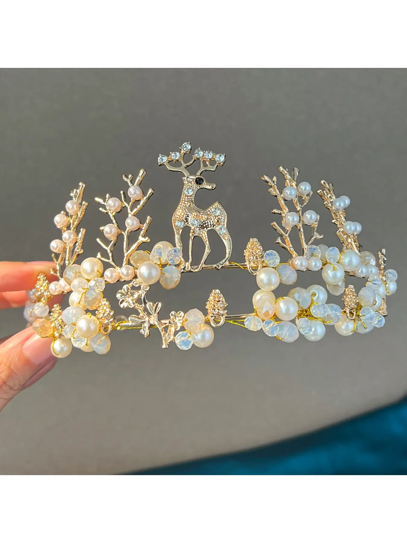 Bride's headpiece golden deer double-layer hairband birthday party costume crown beaded headband wedding hair accessories