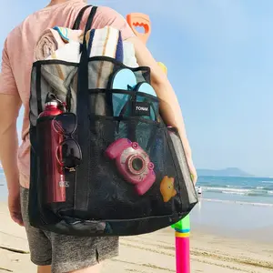 Women's Mesh Beach Bag Tote, Foldable Swim Large Beach Tote with Zipper Pocket, Waterproof and Sand Resistant, Beach Essentials