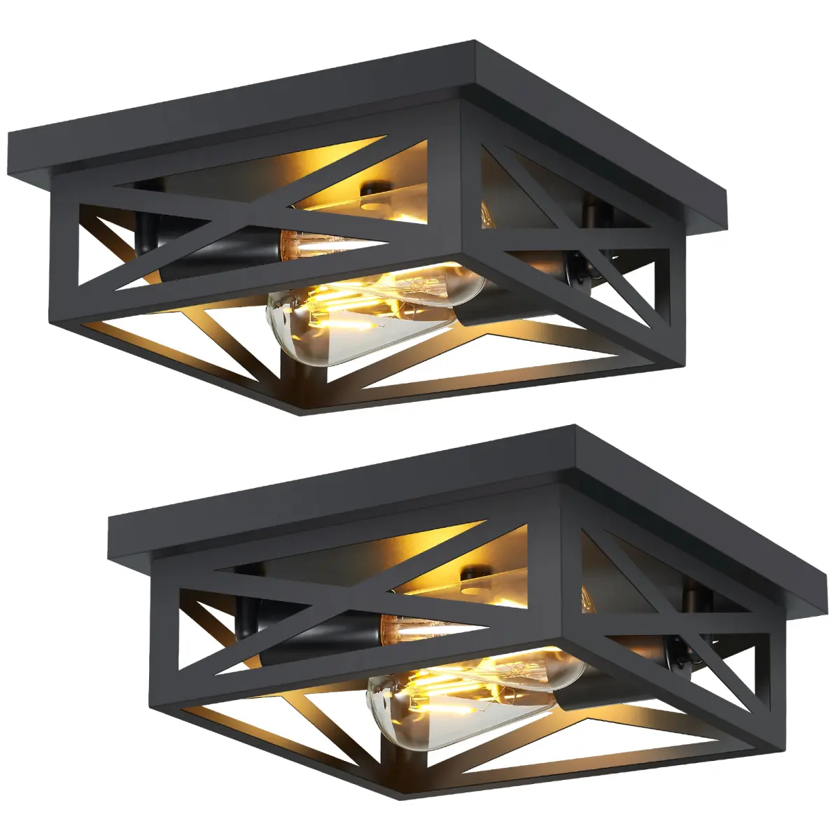 2‑Pack Black Square Flush Mount Ceiling Light, 9.84*9.84*3.54 Inch Matte Iron Geometric Lattice Close‑to‑Ceiling Light Fixture with 2 E26 Sockets, Low‑Profile Space‑Saving Industrial Farmhouse Lighting for Hallway Kitchen Bedroom Entryway