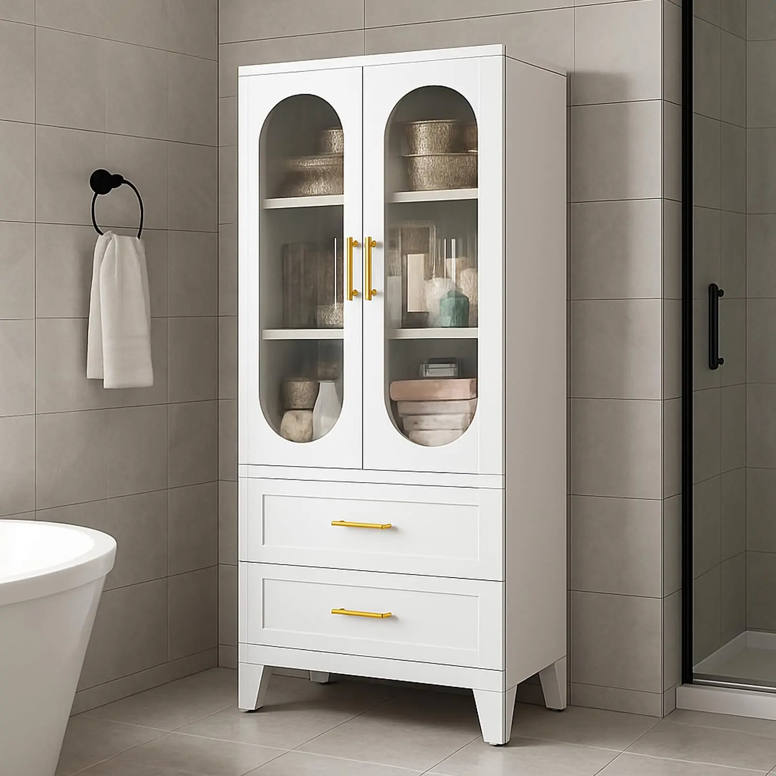 73-Inch Tall Rectangular White Steel Frame Pantry Cabinet with Fluted Glass Doors, Adjustable Shelves, Drawer, Sturdy Legs & Quick Setup, Multi-Room Storage for Kitchen, Laundry Room