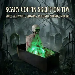 Halloween Horror Coffin Skull Decor, Spooky Coffin Skull Ornament, Standable, Sound-Activated, Light-Up, Perfect for Halloween Home Decoration