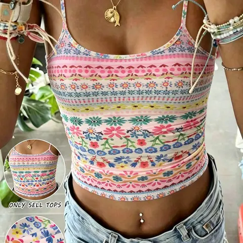 Women's Boho Striped Floral Print Spaghetti Strap Cropped Camisole, Slim-Fit Adjustable Tie Strap Sleeveless Top, Floral Beach Tops, Perfect for Beach Vacations, Street and Daily Casual Occasions
