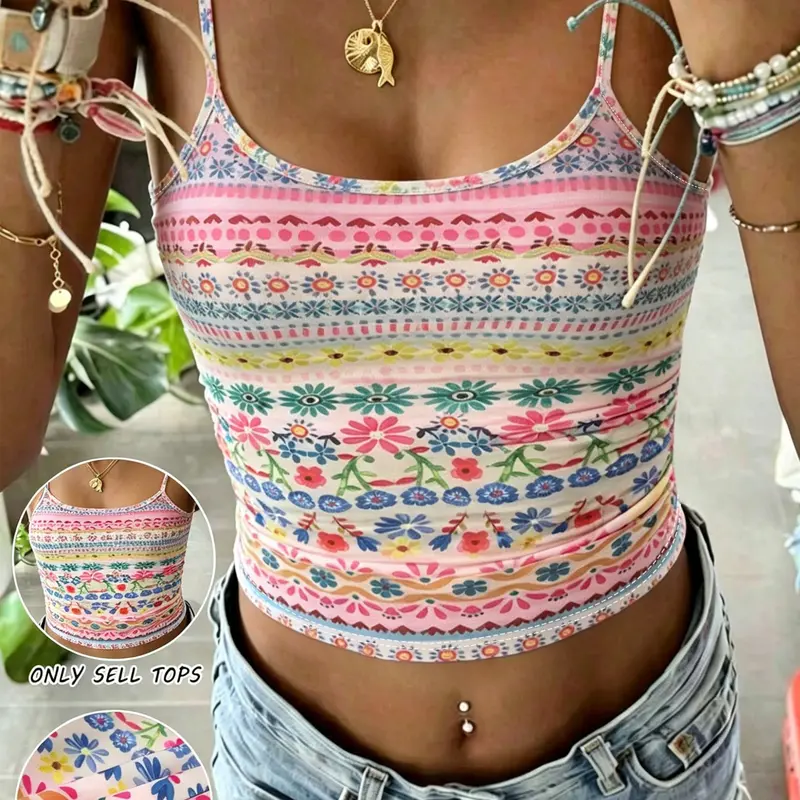 Women's Boho Striped Floral Print Spaghetti Strap Cropped Camisole, Slim-Fit Adjustable Tie Strap Sleeveless Top, Floral Beach Tops, Perfect for Beach Vacations, Street and Daily Casual Occasions