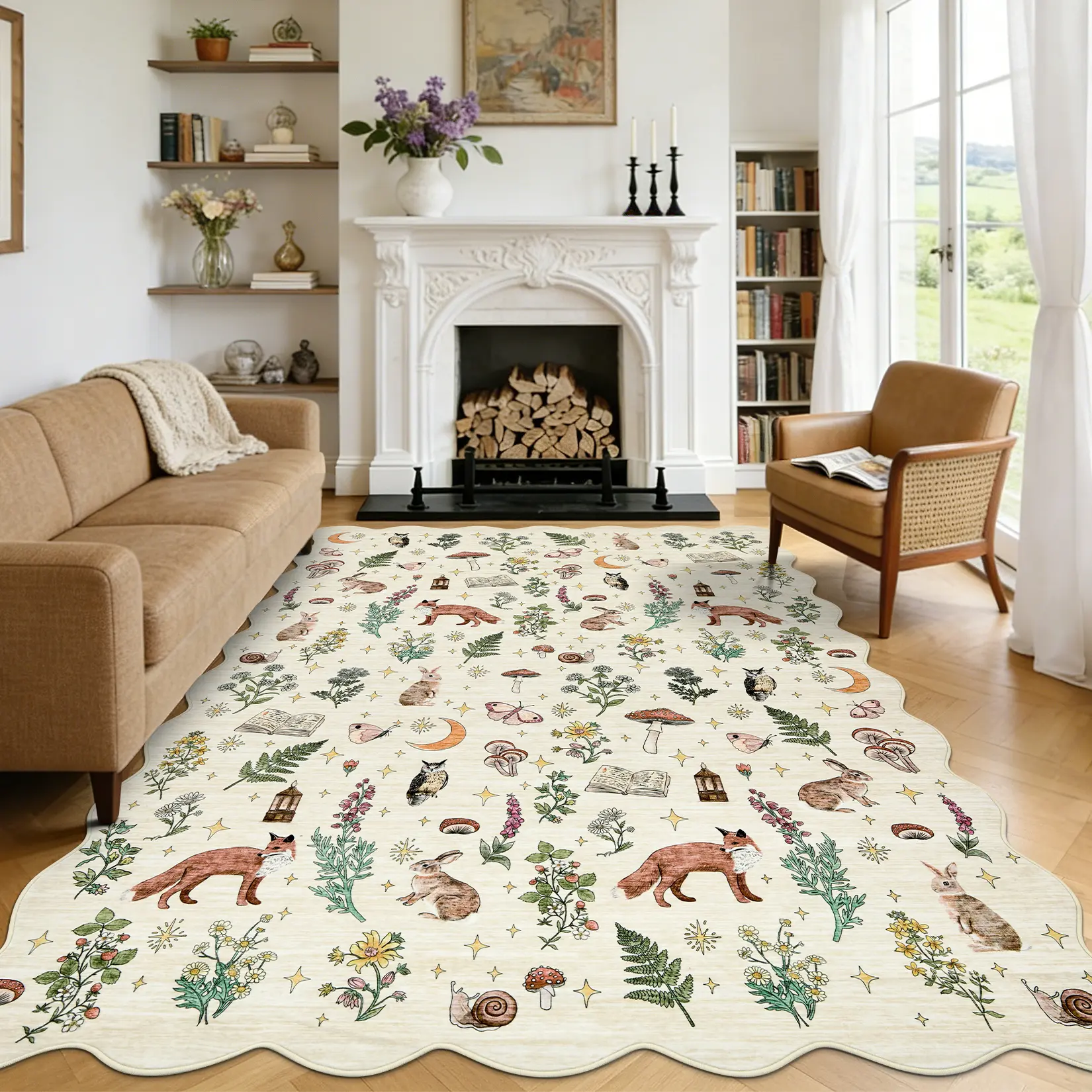 Boho Floral Area Rug Washable Soft Faux Wool Low Pile Non Slip Floor Carpet for Living Room Bedroom Nursery Retro Vintage Home Decor