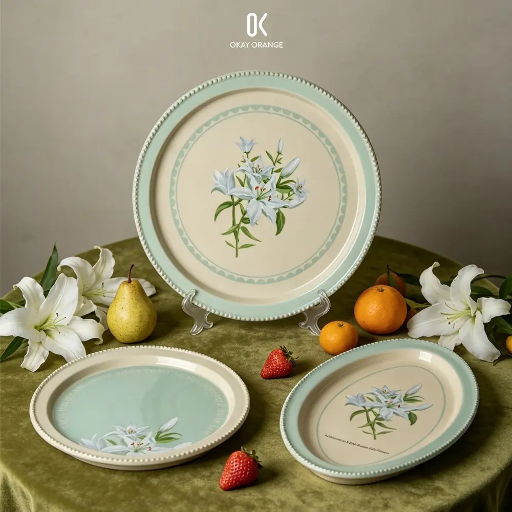 Cottagecore Green Ceramic Dinner Plate Lily Floral Dinnerware, Microwave Dishwasher Safe Beaded Edge Porcelain Salad Plate, Beautiful Kitchen Serving Dish, Decorative Plates