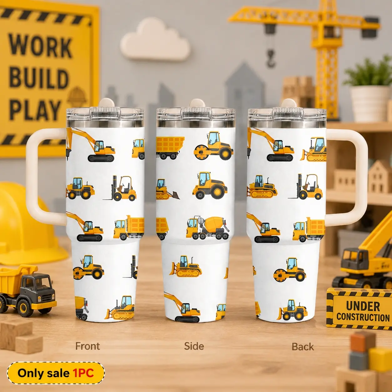 Orange construction excavator Vacuum Flasks 40oz 3rd Gen Vacuum Insulated Tumbler with Handle & Straw Lid, Leak-Proof Stainless Steel Travel Mug for Water, Coffee, Gym, Office, Car Cup Holder