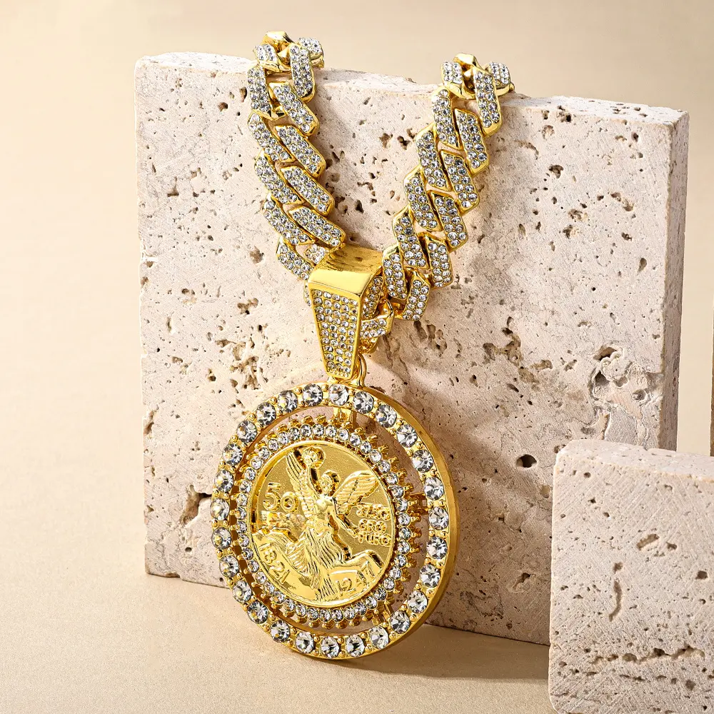 Unisex 18K Gold-Plated Alloy Rotatable Iced Out Angel Spinning Charm Centenario Cuban Link Long Choker Necklace - Tarnish-Proof Hip Hop Chains, Daily Wear Christmas Gift Costume Jewelry