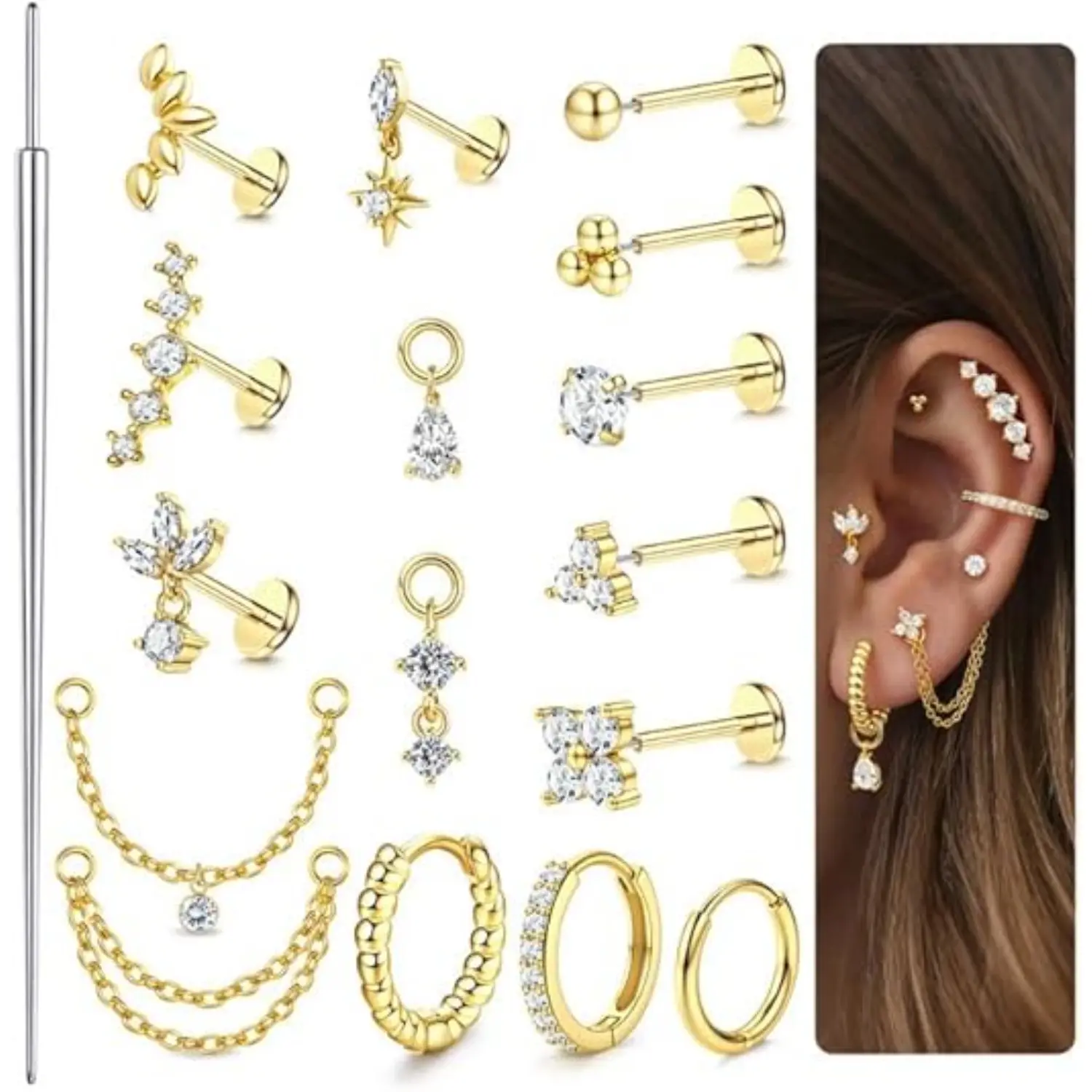 ORAZIO 316L Surgical Steel Hypoallergenic Threadless Flat Back Earrings 16G/18G/20G Cartilage Helix Tragus Conch Labret Medusa Piercing Jewelry Set