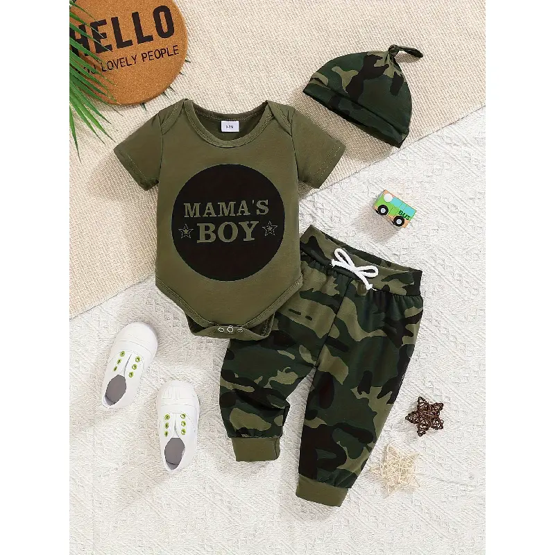 Boys 3-Piece Outfits Set, Casual Cotton Letter Print Romper with Camouflage Pants and Matching Hat Outdoor Activities, Camo Suit, Sets, Casual Wear, Letters, Outdoor Play, Cute, Soft Cotton, Three Pieces