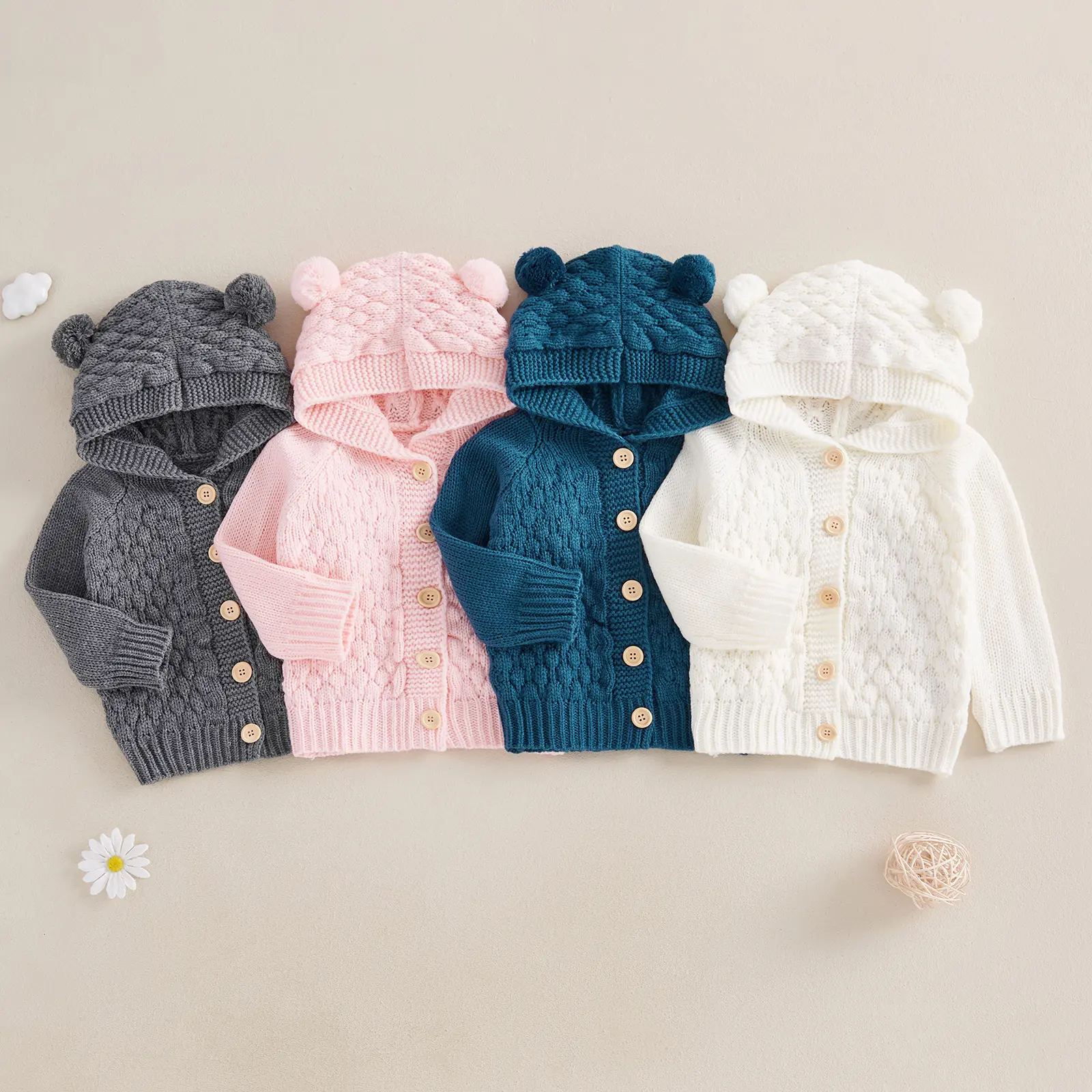 Newborn Baby Girl Boy Button Down Hooded Cardigan Winter Warm Sweater Long Sleeve Jumpers Coats Knitted Hoodies Clothes 3M-24M