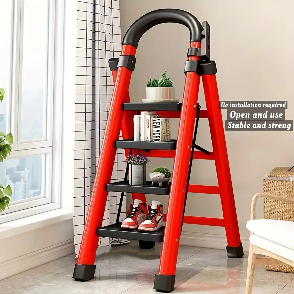 Red Round Head Foldable A-Frame Folding Ladder, 286LBS Heavy Duty Steel Sturdy Portable Step Stool with 1.22mm Wide Anti-Slip Pedal, Horseshoe Rubber Feet & Soft Sponge Rail for Home Clean, Painting
