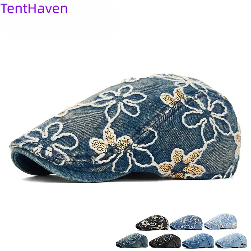 Women's Leopard Print Cowboy Beret with Sequin Flower Embroidery, Retro Forward Cut Style, Casual Unisex 1 Size All-Season Hat, Sequin Embroidery, Daily, 1 Size Fits All, All Seasons, Classic Forward Cut, Female, Versatile Unisex Hat, Unisex Size