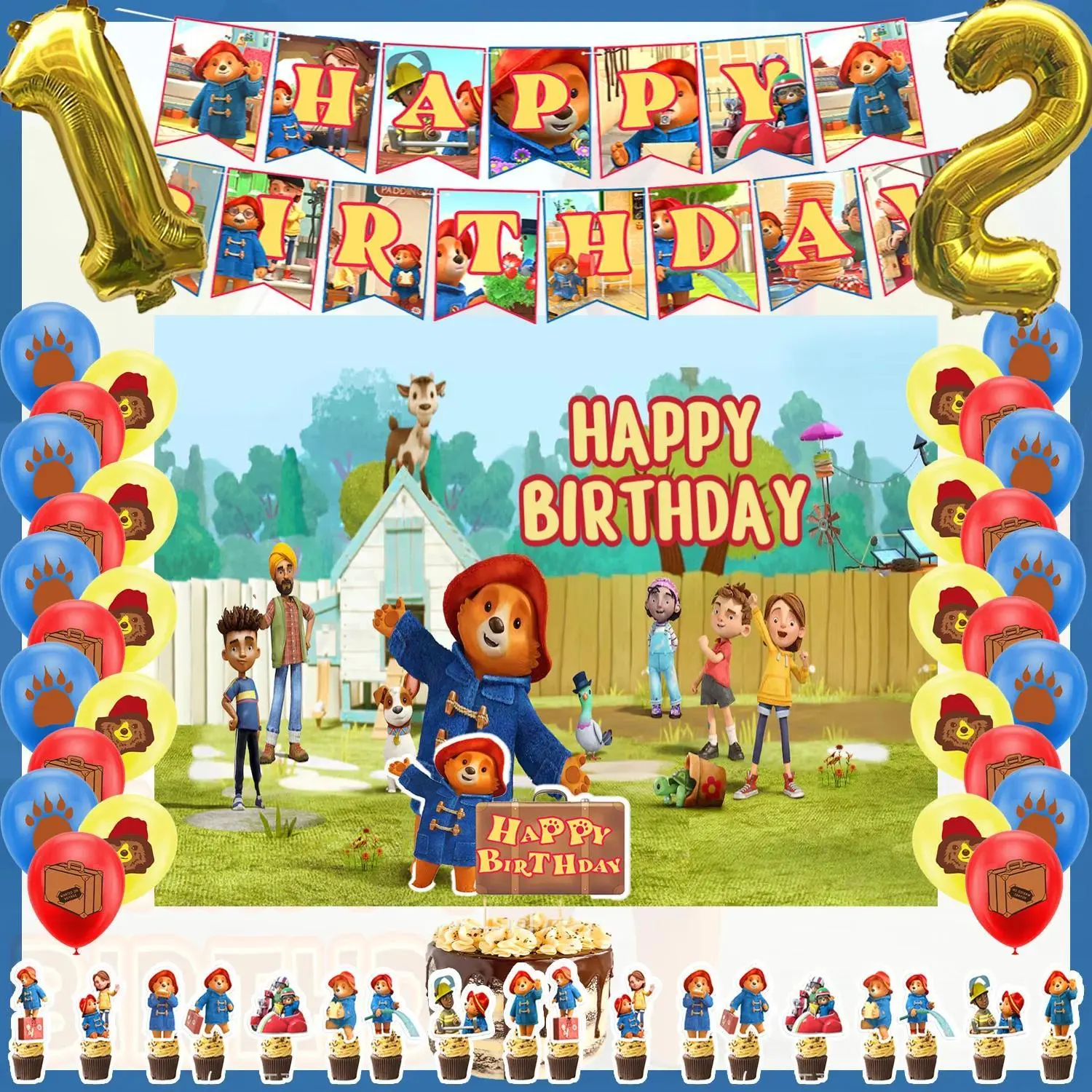 Cartoon Paddington Bear Party Supplies Set (n-1set) - Happy Birthday Banner, Balloons, Cupcake Toppers, Backdrop for Kids' Birthday, Baby Shower Gifts
