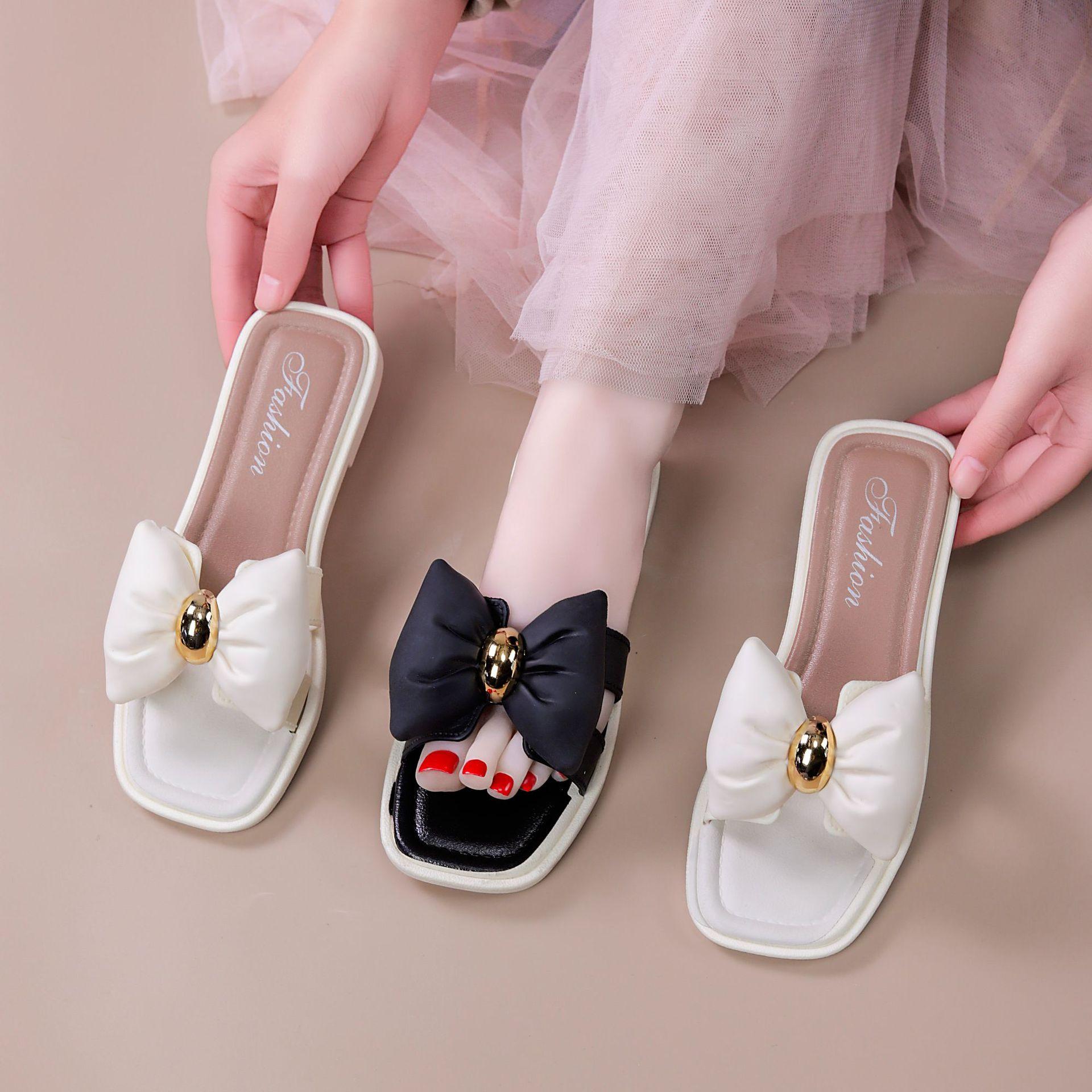 New summer bowknot women's sandals for outdoor wear, non-slip soft-soled flat fashionable home and outdoor slippers