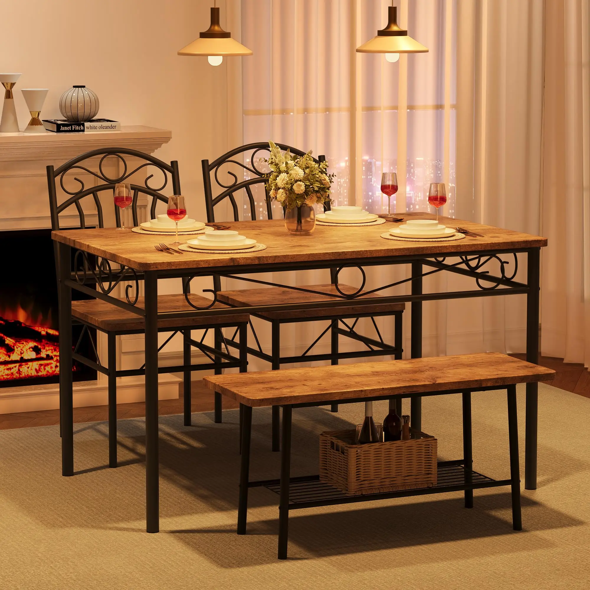 GARVEE4 Piece Rustic Brown Dining Table Set for 4 - Includes Table, Chairs & Bench - Compact 43.3" Kitchen Dining Room Set Ideal for Small Spaces, Breakfast Nooks, Apartments, and Restaurants