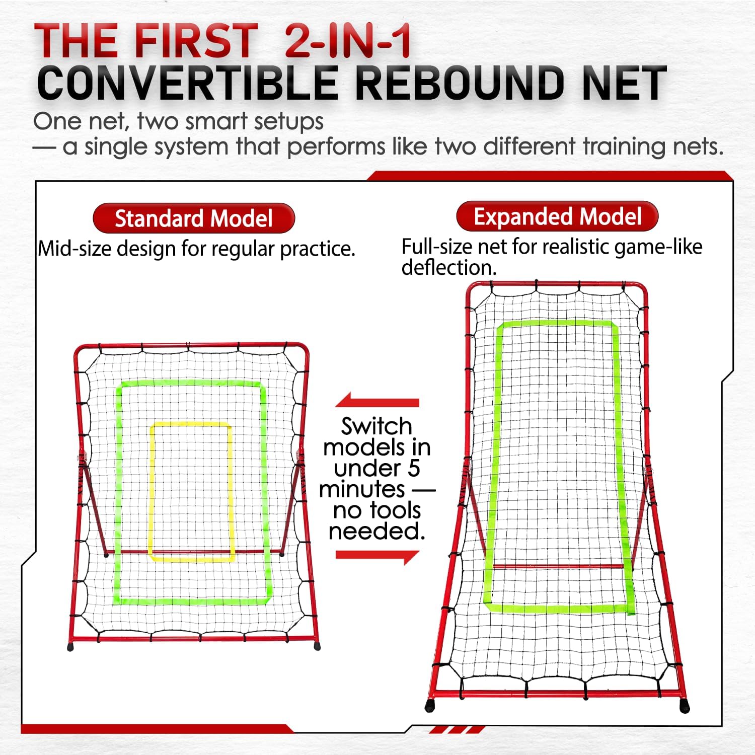 2-in-1 Volleyball Rebounder Net:Convertible 7x3.5 FT Rebounder Net & 5.5x4.5 FT Rebounder Net for Baseball,Softball,Volleyball,Lacrosse Training Multi-Sport Practice Equipment with Carry Bag