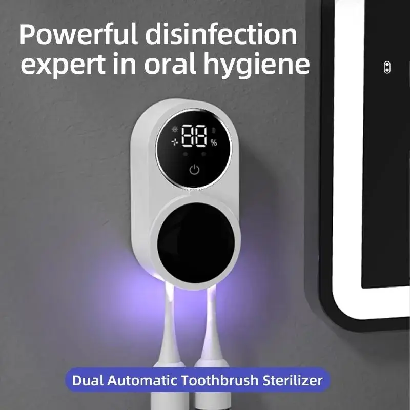 Smart Home Automatic Dual Toothbrush Disinfector, Uvc UV Light Circulating Drying Sterilization, No Drilling Electric Toothbrush Holder