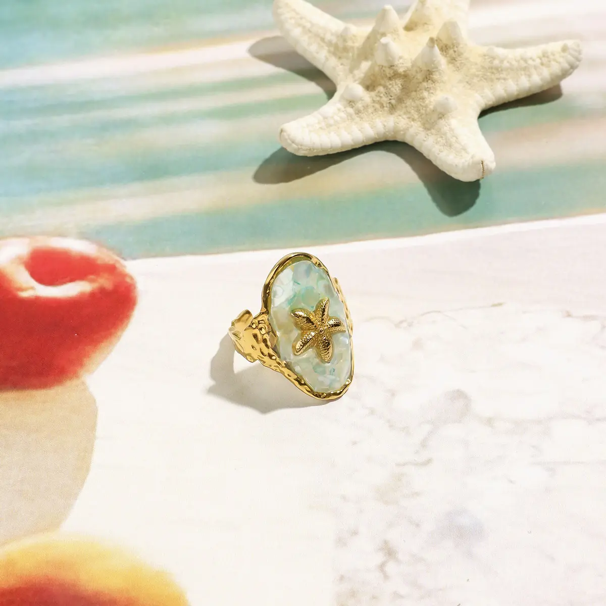 Non-Tarnish Blue Enamel Starfish Adjustable Ring, Stainless Steel Open Ring with Nautical Shell Design, Ocean Resort & Beach Vacation Jewelry for Women, Cross-Border Hot Sale Accessory for Summer
