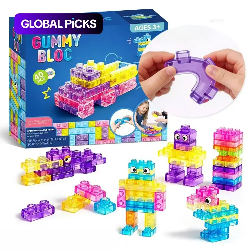 40PCS Jelly Blocks, Washable, Gummy Blocks Squishy, Squishy Fidgets, Sensory Stress Reliever, Sensory Soft Building Blocks Bath Toys, Kids Montessori Squishy Stacking Toy Set, Squeezable & Stretchable Early Learning Construction Playset, Puzzle Blocks