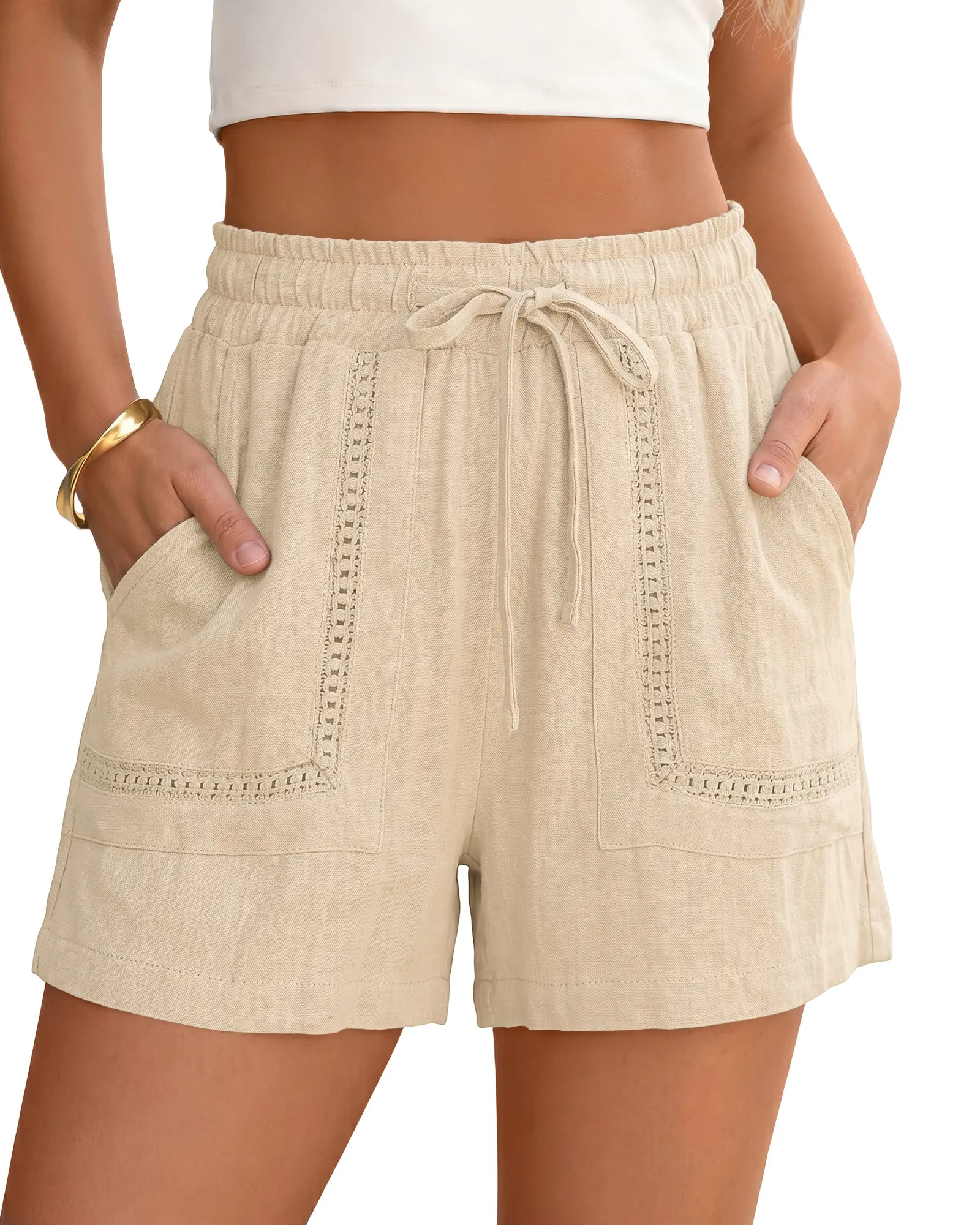 luvamia Women's Soft Linen Bottom Shorts, Elastic High-Waisted Pull-On Beach Essential with Crochet-Lace Trim, Pockets for Outdoor Vibe Summer Casual Vacation, Drawstring, Comfortable, Elegant